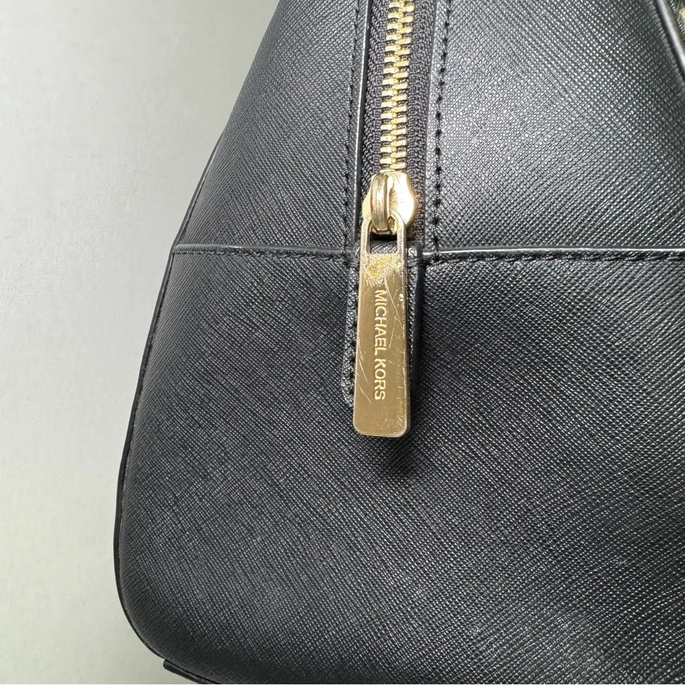 Michael Kors Sandrine Studded Satchel in Black Saffiano Leather w/ Gold Hardware